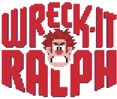 Imagem do jogo doRalph Wreck, o nomeWreck-it Ralph e entros  nomes a cara dpersonagem   formando logotipo.
